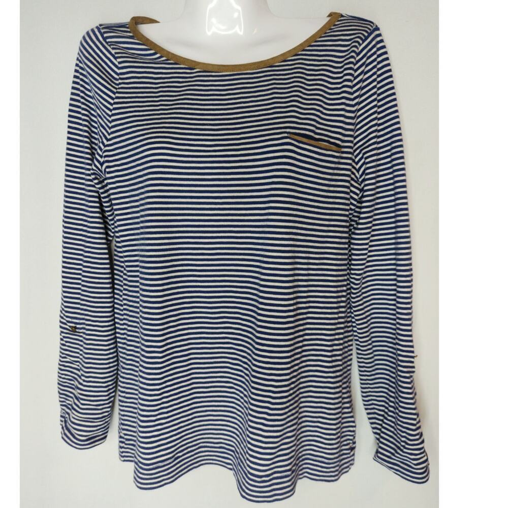 Lauren Ralph Lauren Blue & White Striped Cotton Roll Tab Sleeve Top Womens MED